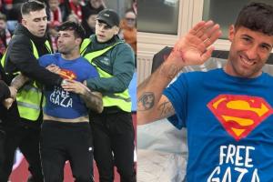 挪威vs以色列的比赛中有球迷冲进球场，T恤写着“自由加沙”口号 图1